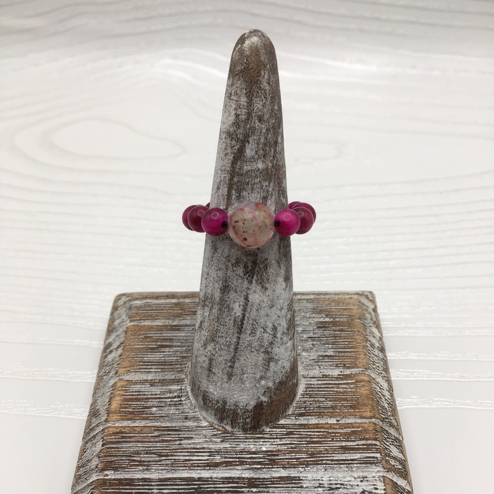HANDCRAFTED Pink Tiger Eye & Agate Stretch Bead Ring